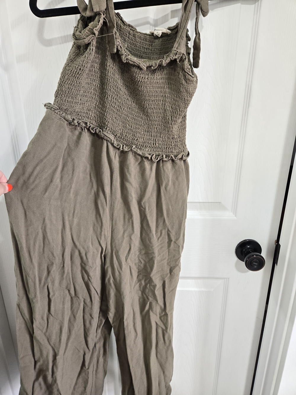 Eesome Smocked Tie-Shoulder Wide-Leg Jumpsuit - Olive - Picture 4 of 4